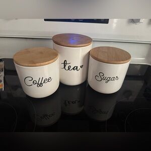 White Ceramic Canister Set with Bamboo Lids